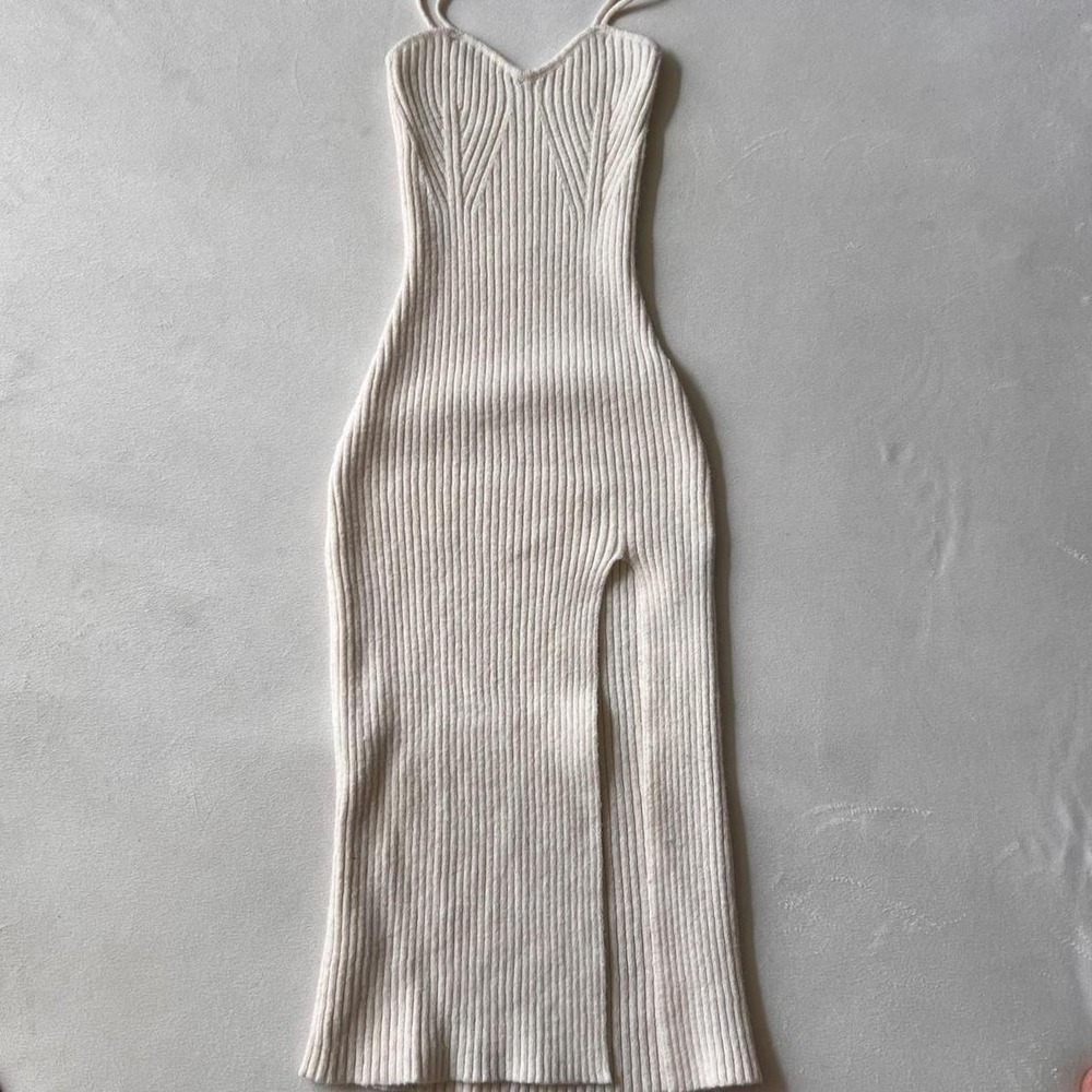 Cider Cream Colored Ribbed Knit Long Front Side Slit Cocktail Dress New Years